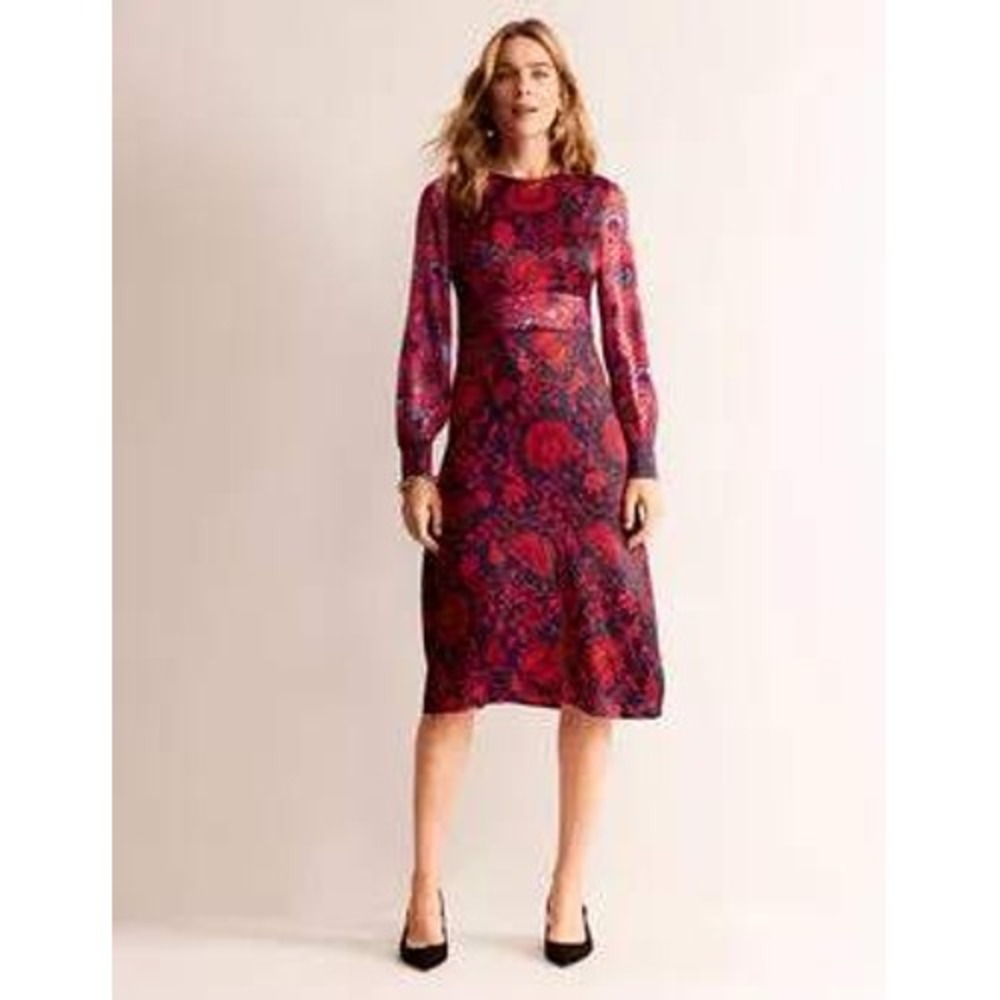 Boden Floral Paisley Midi Dress Red Navy Blue Long Sleeve Womens Size 4P
